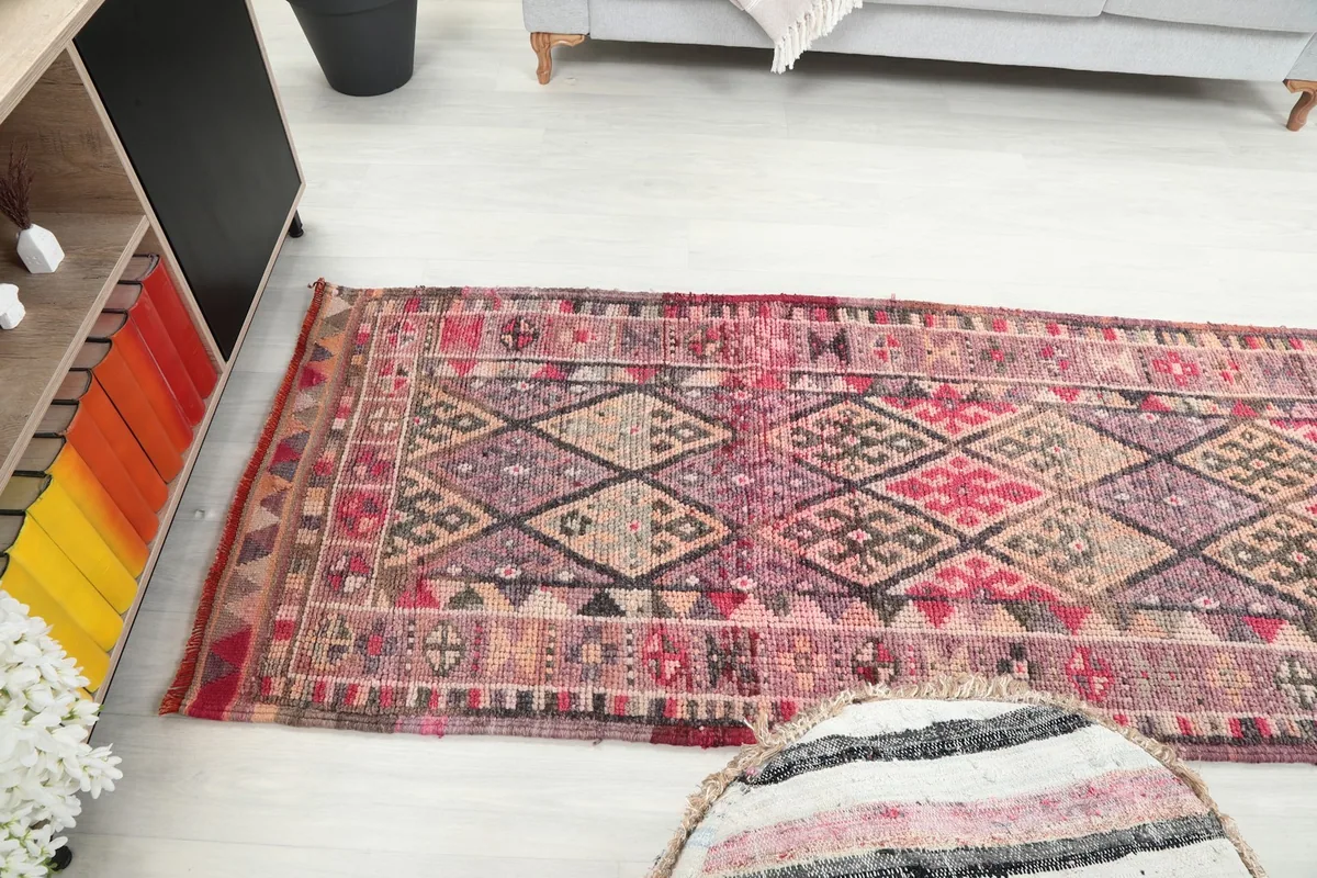 Overhead view of the full length of the runner rug in the room