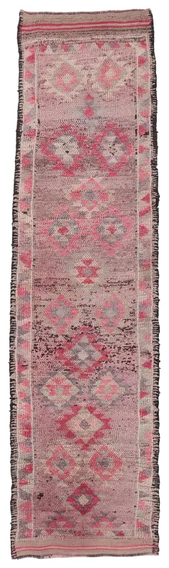 Full top view of the 3x12 vintage Anatolian runner rug with rose, gray, and black geometric patterns on a white background.