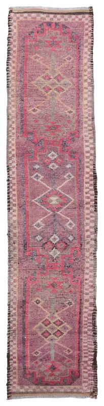 Full overhead view of the 2'9" x 12'0" rose geometric Anatolian runner rug on a white background.