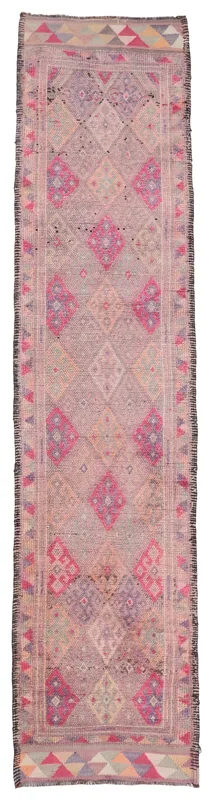 Top view of the 2'9" x 12'3" muted rose geometric vintage Anatolian runner rug