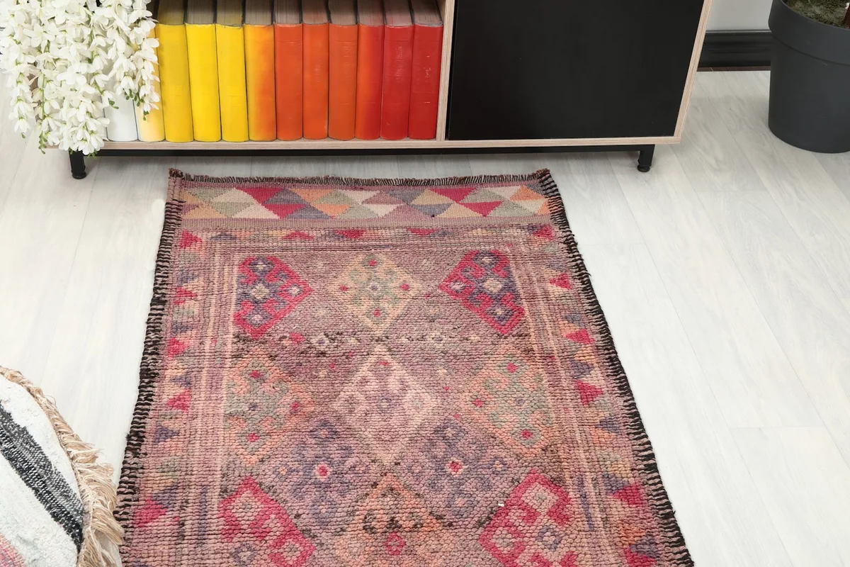 Overhead view of one end of the runner rug in a room with home decor