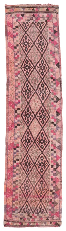 Full top view of the 2'9" x 12'5" vintage Anatolian runner rug with rose, brown, and gray geometric motifs.