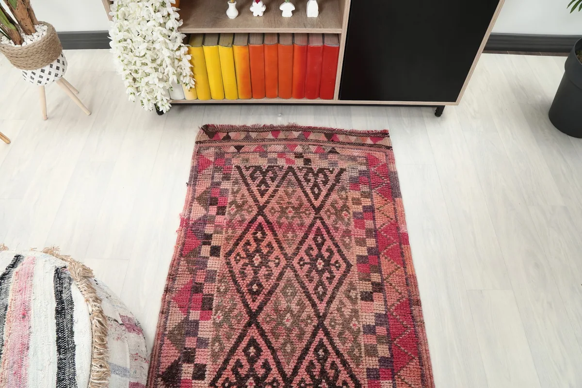 Overhead view of a section of the runner rug, focusing on the repeating tribal geometric design.