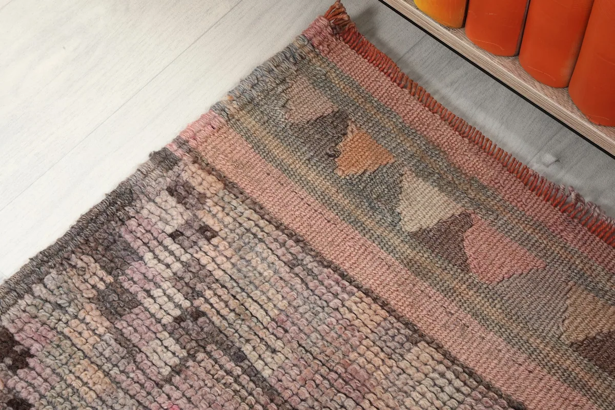 Close-up of the rug's border with small triangular motifs in muted rose, gray, and orange tones