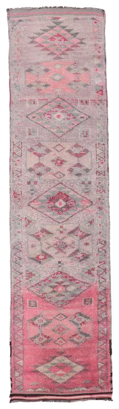 Full top view of the vintage Anatolian runner rug with rose and gray geometric patterns
