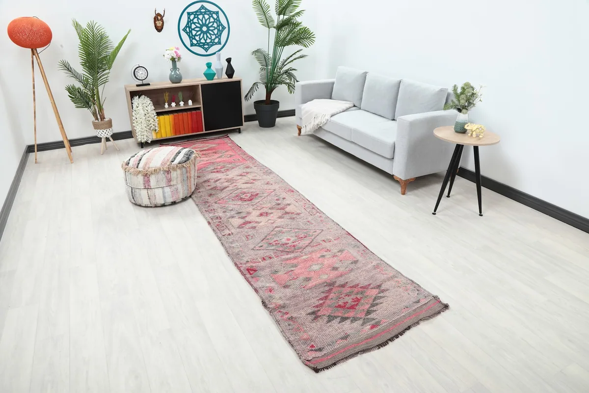 Overhead view of the runner rug in a room, showing its length and placement