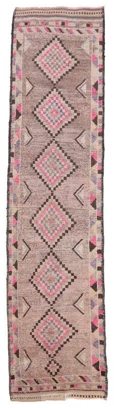 Full overhead view of the 2'9" x 12'3" brown geometric vintage Anatolian runner rug
