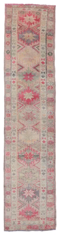 Soft Rose Geometric Anatolian Runner, full top view showing its long, narrow shape and faded colors.