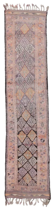 Full top view of the vintage Anatolian runner on a white background, showing rose, orange, and gray geometric patterns.