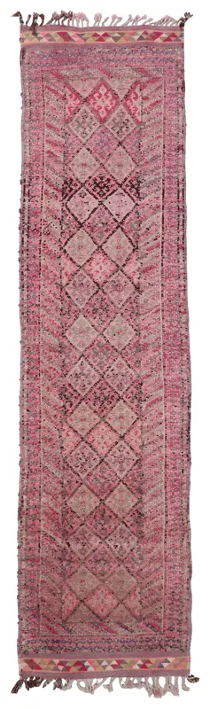 Full overhead view of the vintage Anatolian rose and gray diamond geometric runner rug