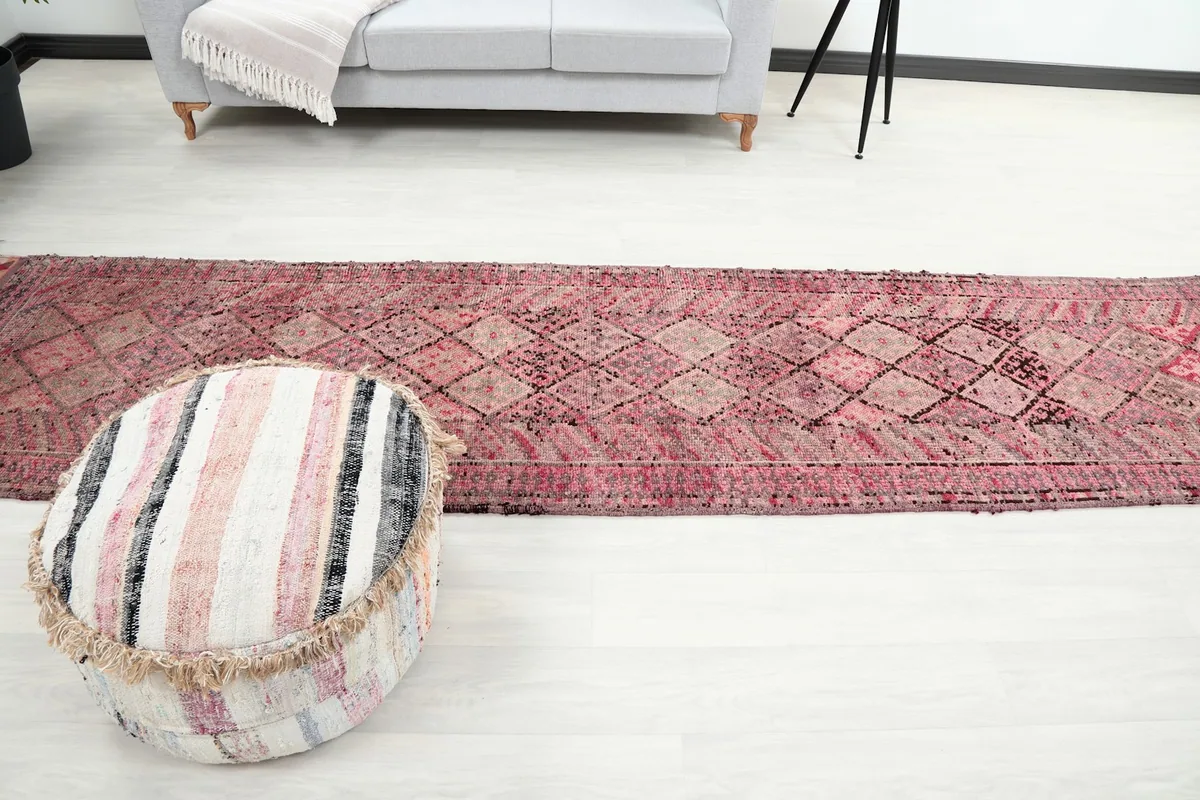 Long perspective of the runner rug in a room, emphasizing its length and pattern