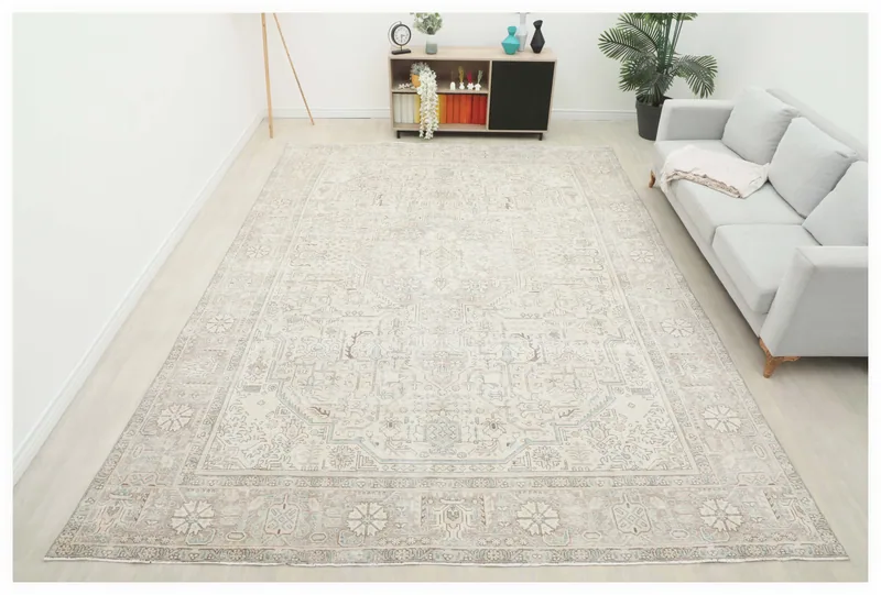 Full top view of the beige and gray vintage Persian area rug on a white background.