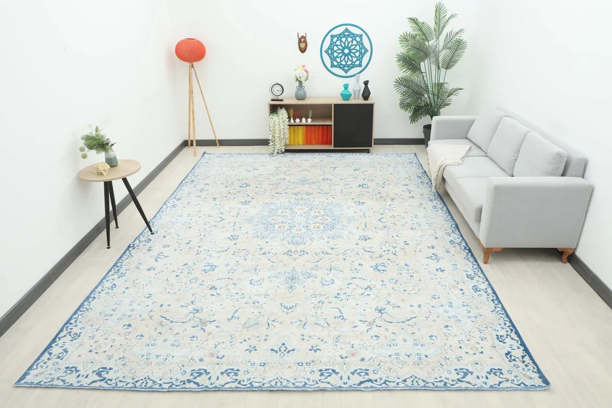 Full room view of the 9'6" x 13'1" beige and blue Persian rug in a spacious setting.