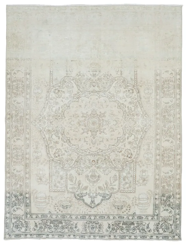 Full overhead view of the vintage 8x11 Persian rug with ivory field and gray medallion