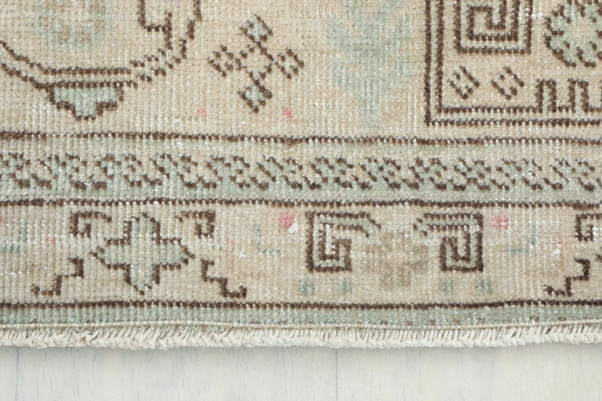 Close-up detail of the beige and gray border with geometric patterns and fringe of the Persian rug.