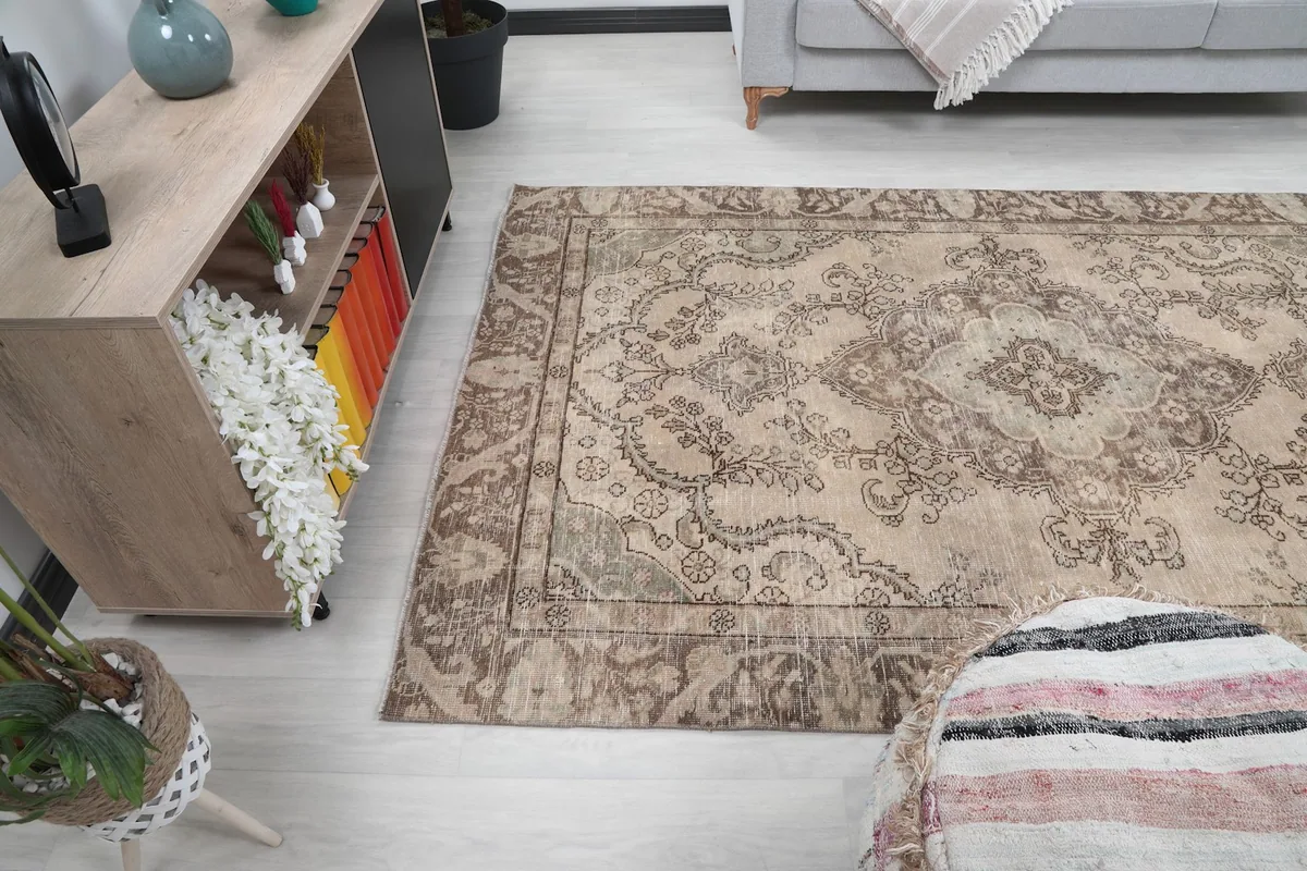 Wide angle view of the rug in a living space, from a higher perspective