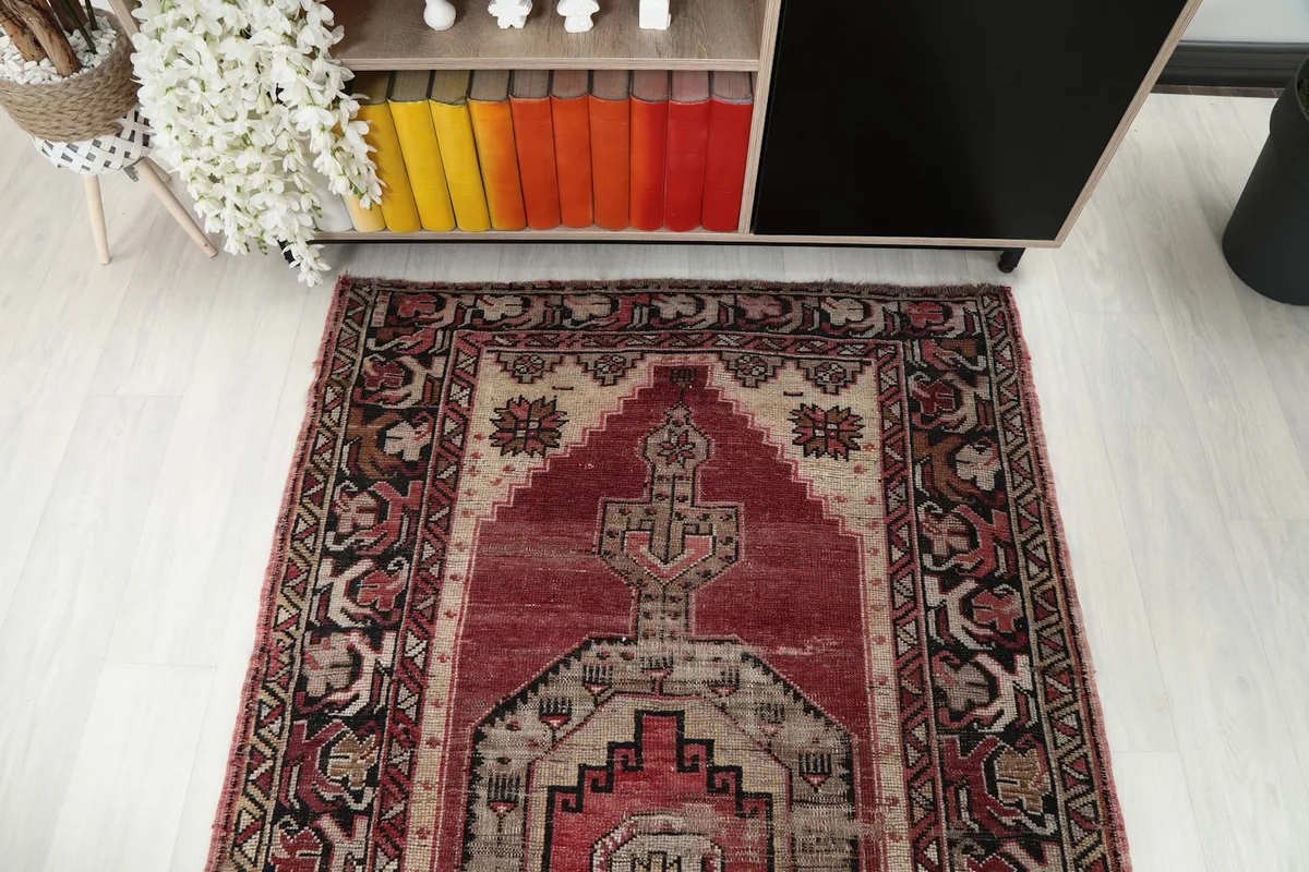 Overhead view of a section of the runner rug, showcasing the repeat of the geometric design elements.