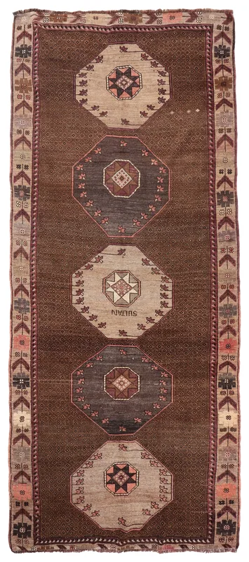 Full top view of the 5x12 vintage brown and beige geometric Anatolian rug