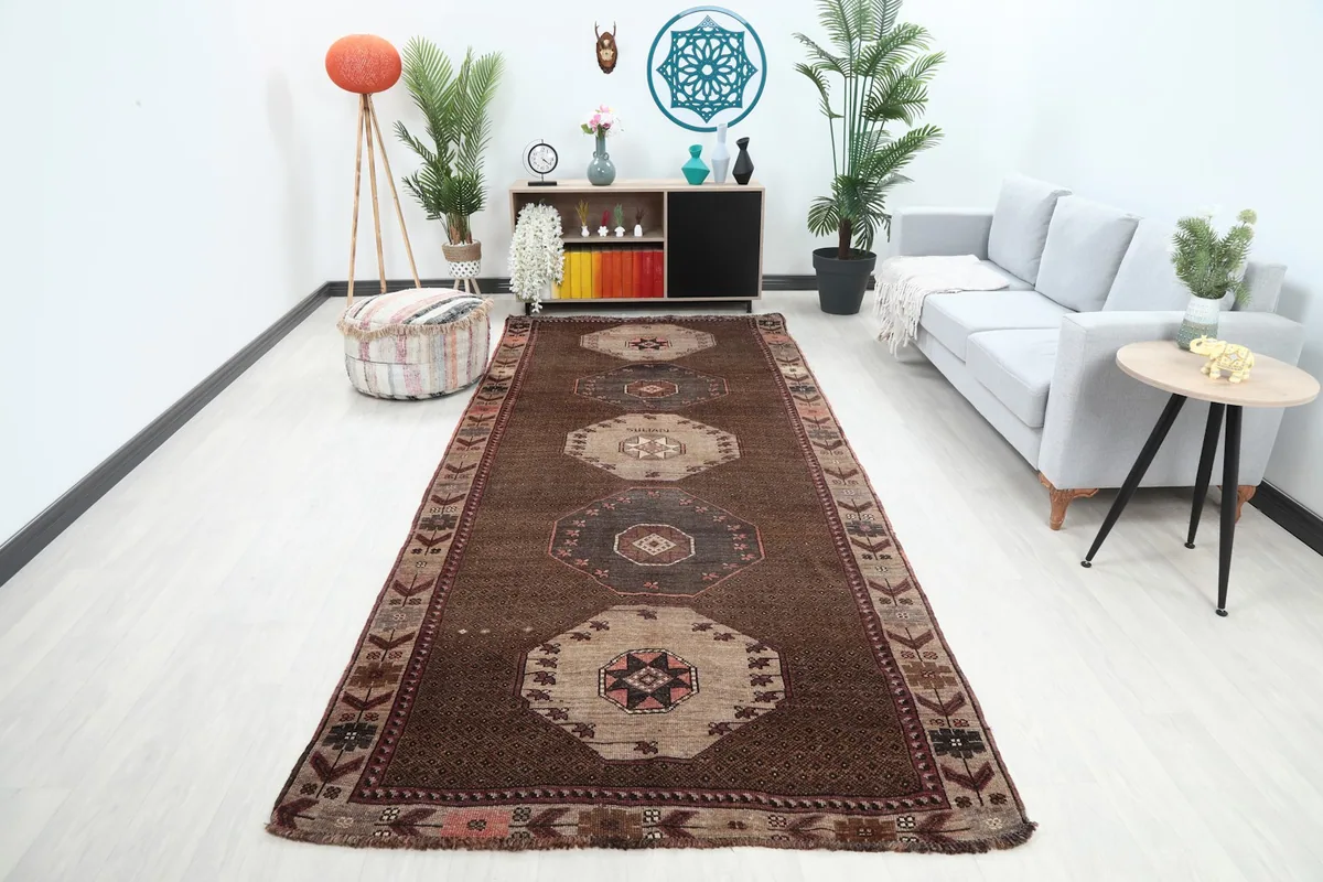 Vintage brown and beige rug in a modern living room setting