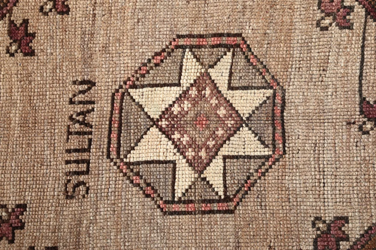 Very close detail of the central star motif within a beige medallion