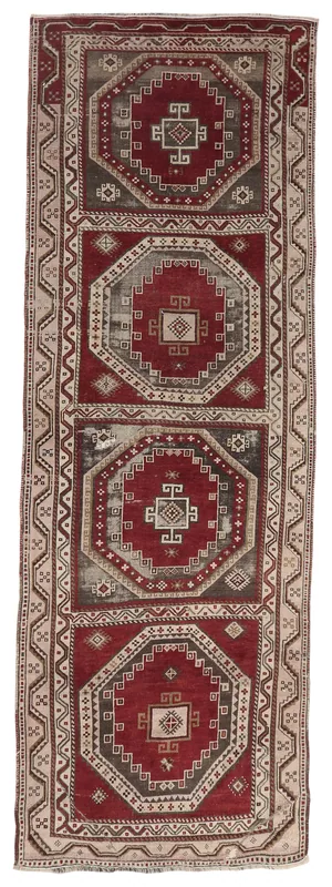 Full overhead view of the Red Anatolian Tribal Runner on a white background, showcasing its geometric pattern.