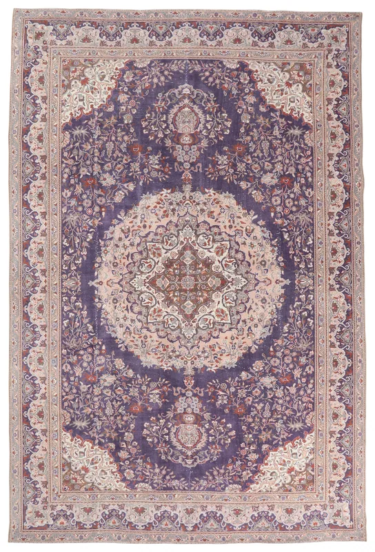 Full top view of the purple medallion floral vintage Anatolian rug