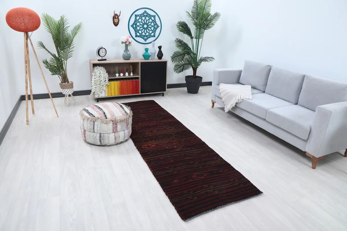 Overhead view of the Anatolian runner rug in a contemporary living space