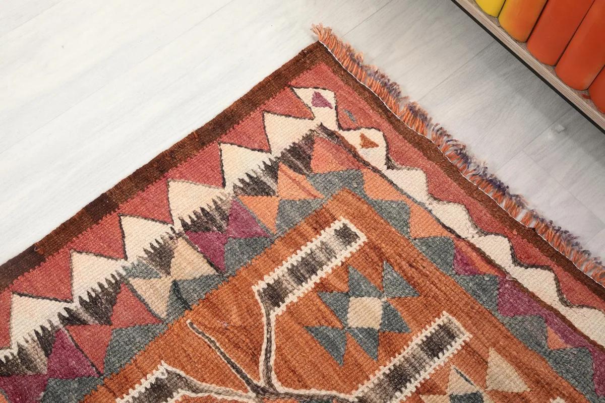 Corner detail of the runner rug, highlighting the varied colors and patterns