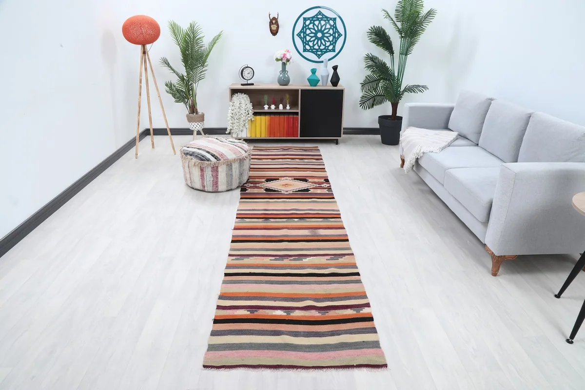 Runner rug displayed in a modern living room setting, extending from a pouf towards a sofa.