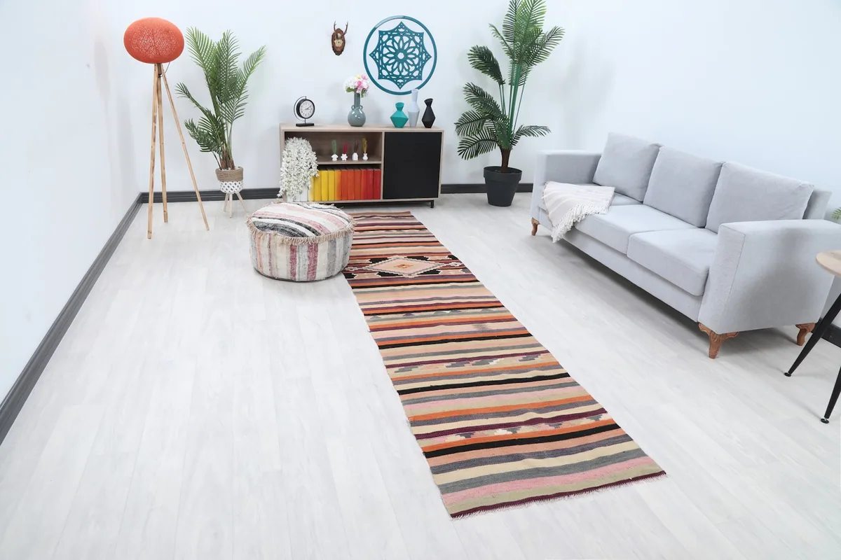 Overhead view of the runner rug in a room, showing its length and placement relative to furniture.