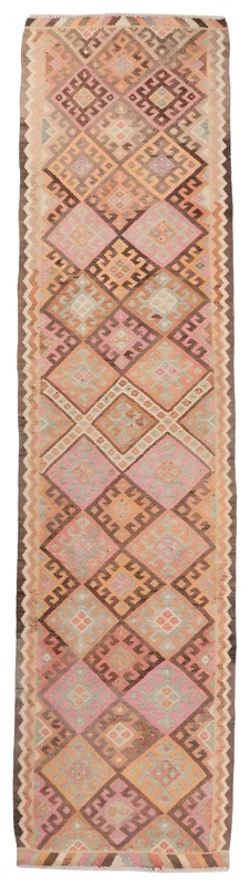 Full overhead view of the 3x12 rose and orange geometric Anatolian runner rug on a white background.