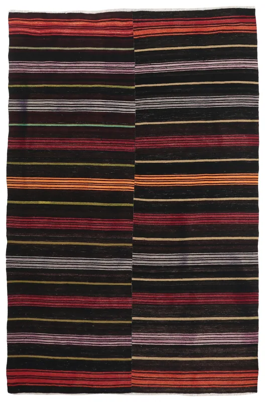 Full overhead view of the black and multicolor striped vintage Anatolian rug