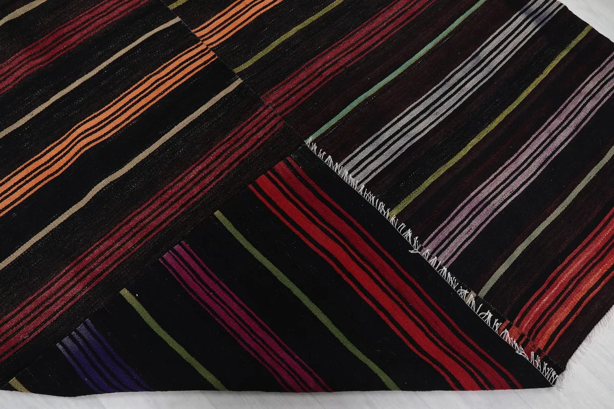 Detailed view of the varied colored stripes and subtle wear on the rug's surface