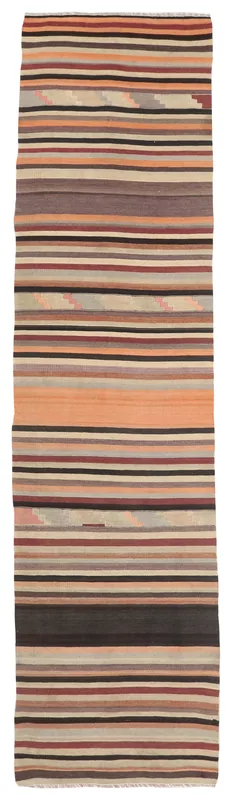 Full top view of the 2'9" x 12'0" vintage Anatolian runner with orange, red, brown, and gray stripes on a white background.