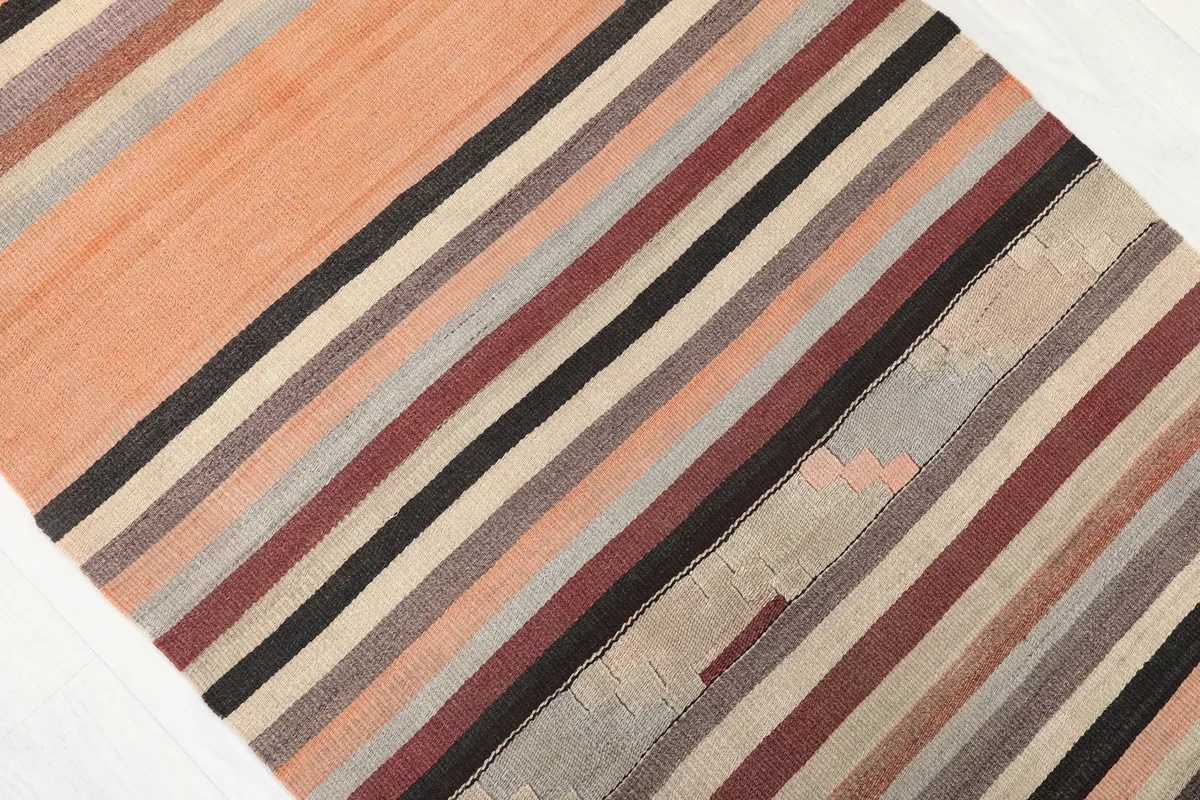 Close-up of the central section of the vintage runner, highlighting the orange, red, brown, and gray stripe variations.