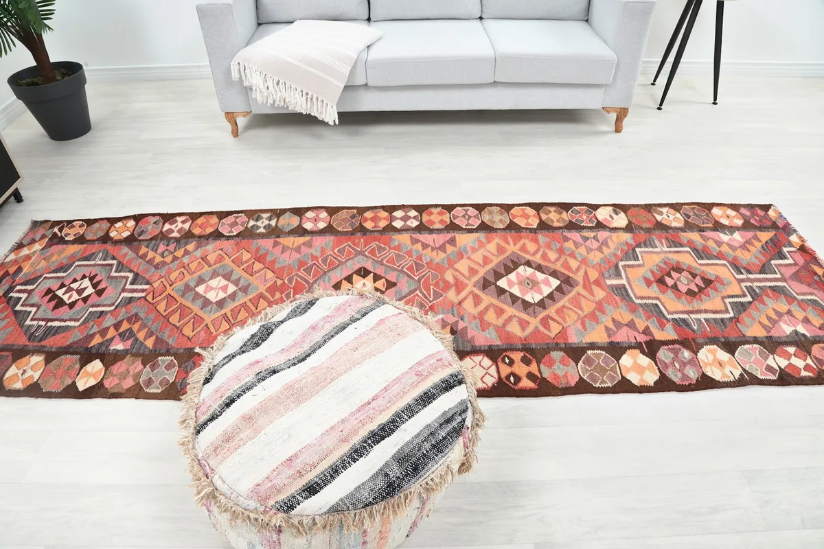 Room shot from a higher angle, showing the full length of the 3'4" x 10'8" runner rug.