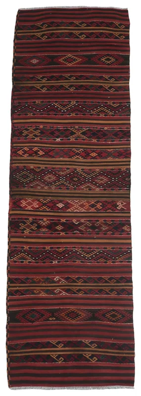 Full top view of the 2'6" x 8'11" vintage Anatolian runner rug with red and black stripes