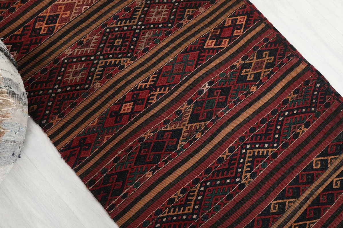 Angled view highlighting the varied striped and diamond motifs across the runner's surface