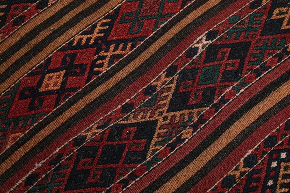 Close-up of the wool pile and intricate weaving, showing red, black, gold, and subtle green colors