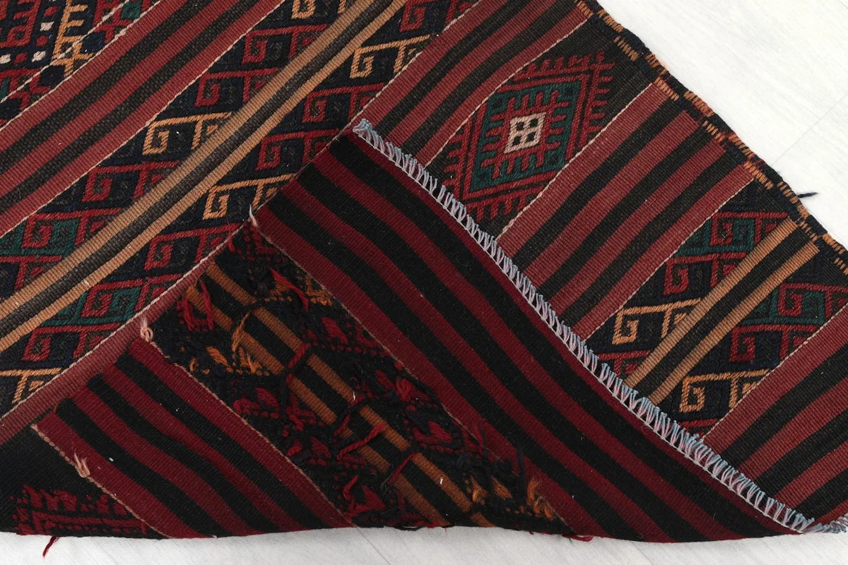 View of the rug's reverse side, showing the cotton foundation and hand-knotted construction