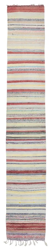 Full top view of the 2'0" x 12'0" multicolor striped vintage Anatolian runner on a white background.