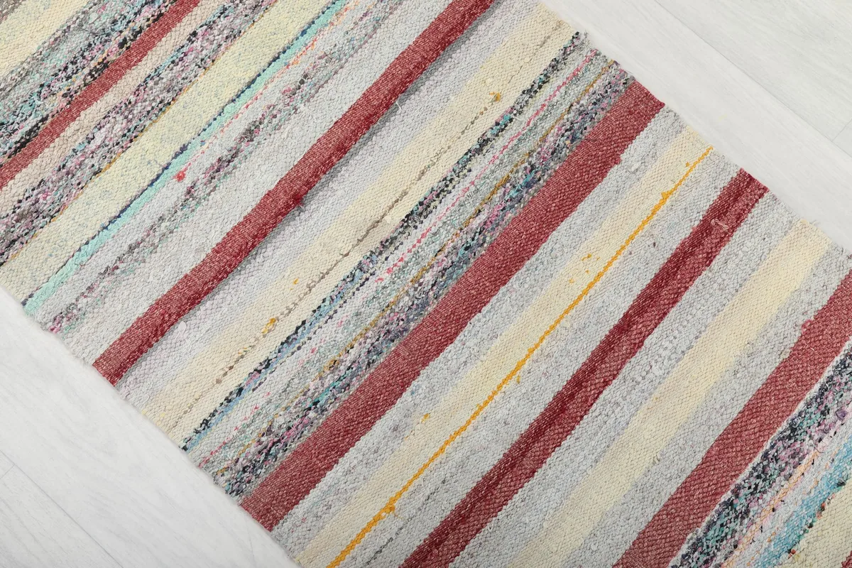 Angled view of the runner rug's surface, emphasizing the red, beige, gray, and yellow stripes.