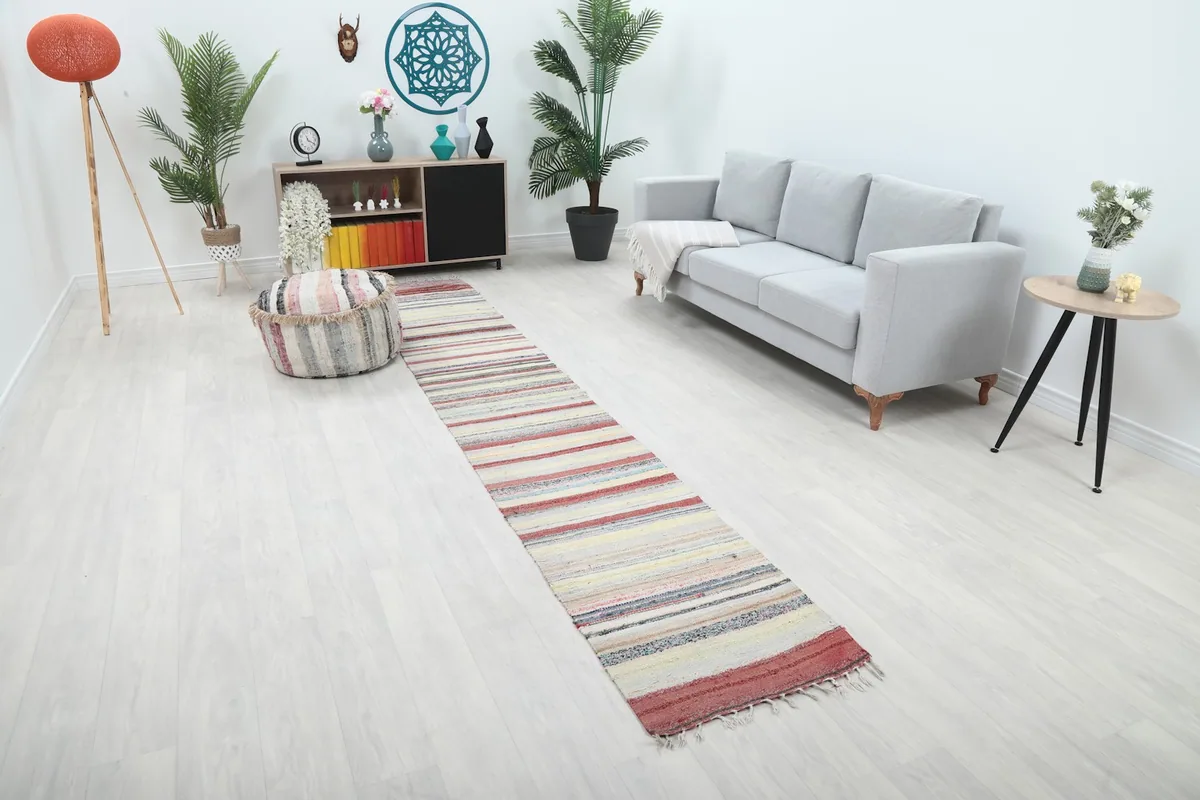 Angled view of the multicolor runner rug laid out in a contemporary living room setting.