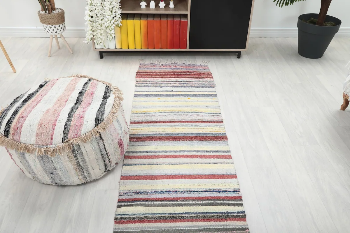 Overhead view of the runner rug in a room, positioned between a sofa and a storage unit.