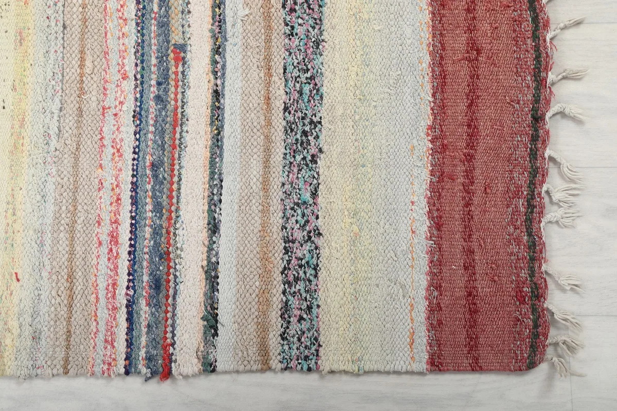 Detailed close-up showing the varied textures and colors of the hand-knotted wool stripes and fringe.