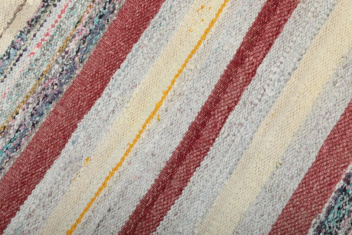 Close-up detail of the rug's surface, showing individual wool strands and the tight, striped weave.