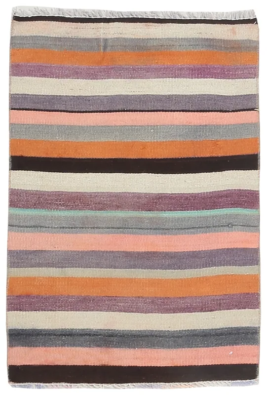 Full overhead view of the vibrant multicolor striped Anatolian vintage area rug