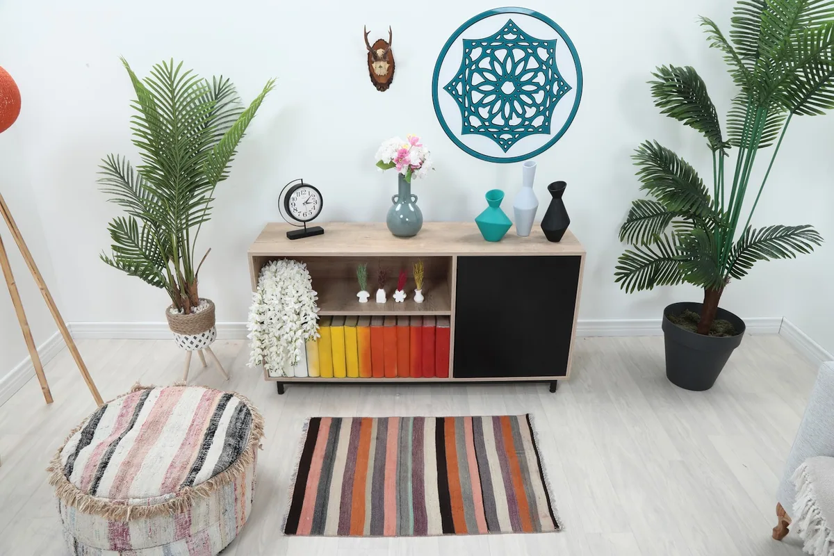 Multicolor striped rug placed in a modern living space with plants and console