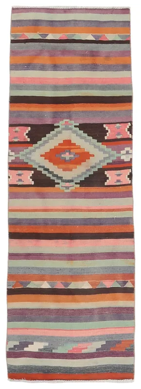 Full top view of the 2'5" x 7'5" multicolor geometric Anatolian runner on a white background.