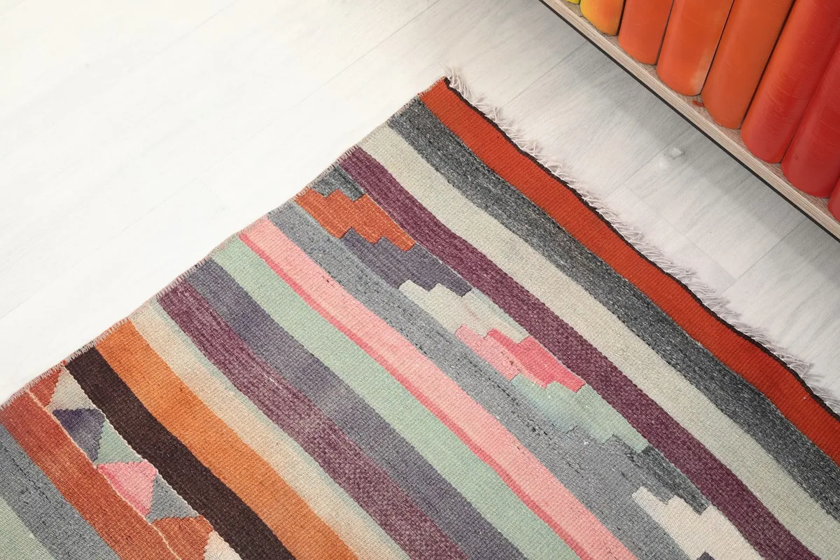 Corner view of the runner, emphasizing the vibrant color transitions and small geometric details along the edge.